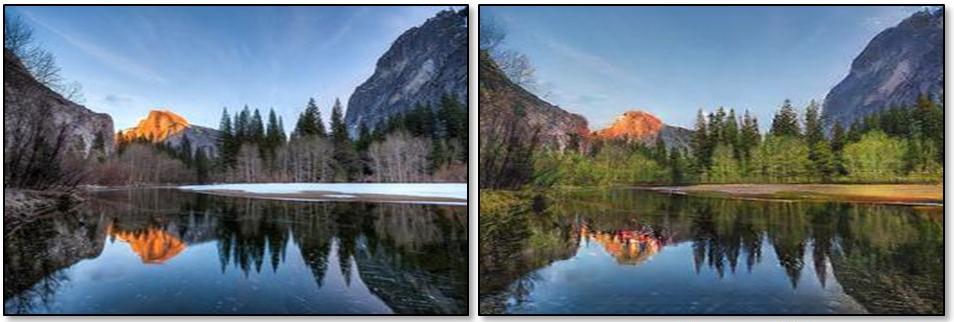 A picture of Yosemite taken in winter "reimagined" by the AI as a summertime scene. Note the added foliage and melting of snow.