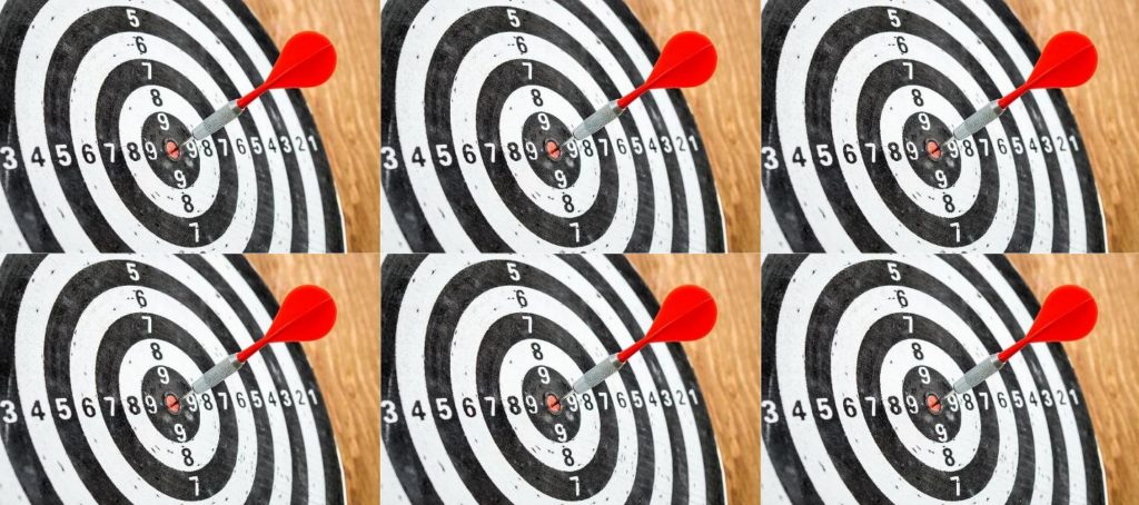 If thrown at random, the odds of hitting six bull's eyes is 1 in 4,738,381,338,321,616,896.